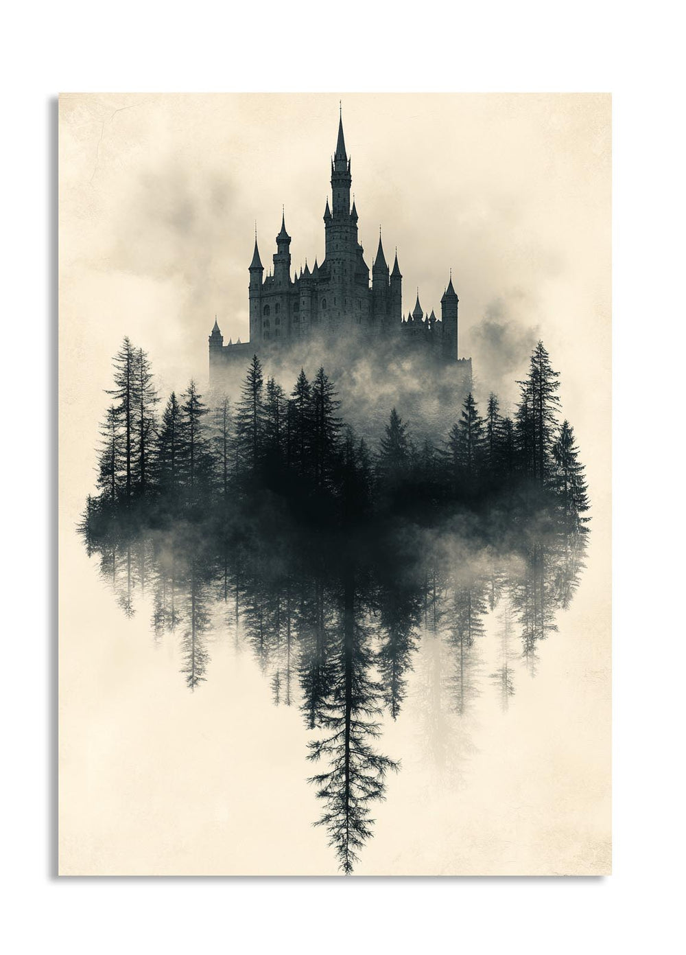 Silhouette of a castle surrounded by trees and fog on a beige background, as a premium aluminum metal print from GoMetalPrint.
