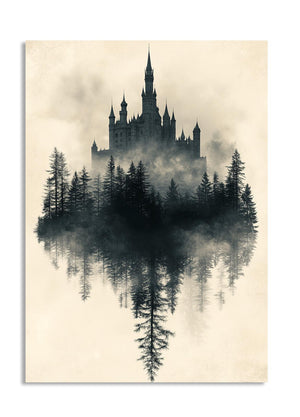 Silhouette of a castle surrounded by trees and fog on a beige background, as a premium aluminum metal print from GoMetalPrint.
