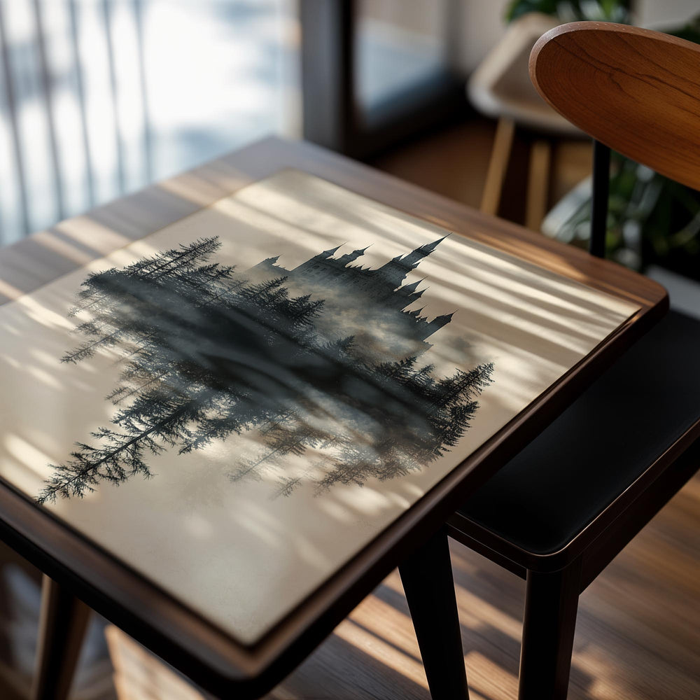 Silhouette of a castle surrounded by trees and fog on a beige background, as a premium aluminum metal print from GoMetalPrint.
