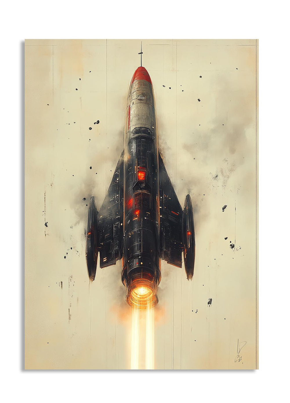 Artistic depiction of a rocket ship on a textured background, as a premium aluminum metal print from GoMetalPrint.
