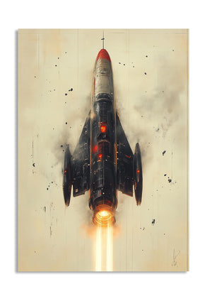 Artistic depiction of a rocket ship on a textured background, as a premium aluminum metal print from GoMetalPrint.
