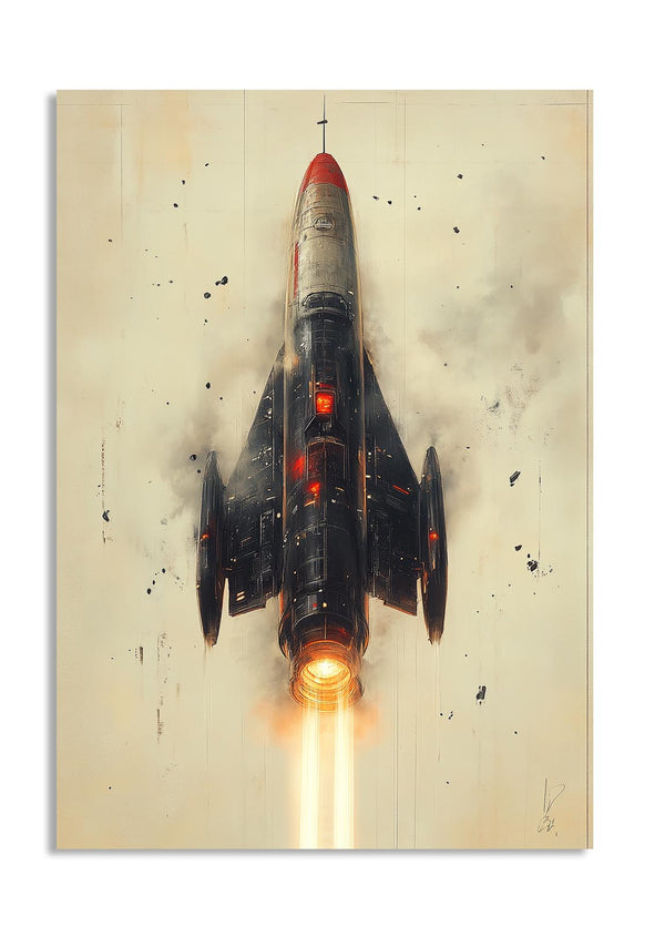 Artistic depiction of a rocket ship on a textured background, as a premium aluminum metal print from GoMetalPrint.
