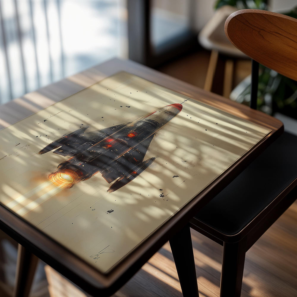 Artistic depiction of a rocket ship on a textured background, as a premium aluminum metal print from GoMetalPrint.
