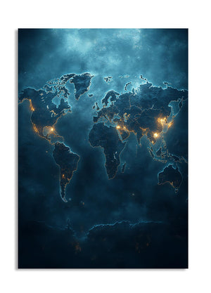 World map at night with illuminated cities on a dark blue background, as a premium aluminum metal print from GoMetalPrint.
