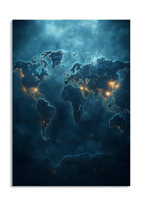 World map at night with illuminated cities on a dark blue background, as a premium aluminum metal print from GoMetalPrint.
