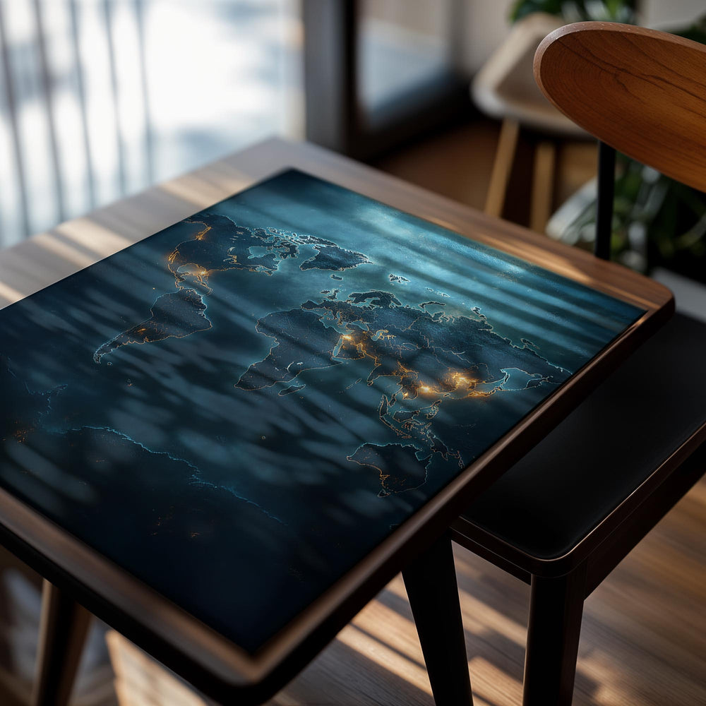 World map at night with illuminated cities on a dark blue background, as a premium aluminum metal print from GoMetalPrint.
