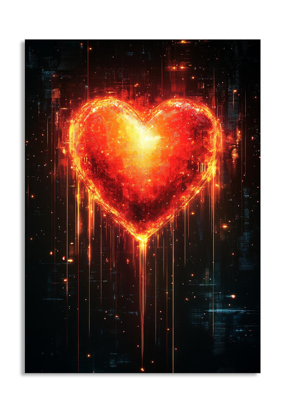Heart-shaped fiery design on a dark background, as a premium aluminum metal print from GoMetalPrint.
