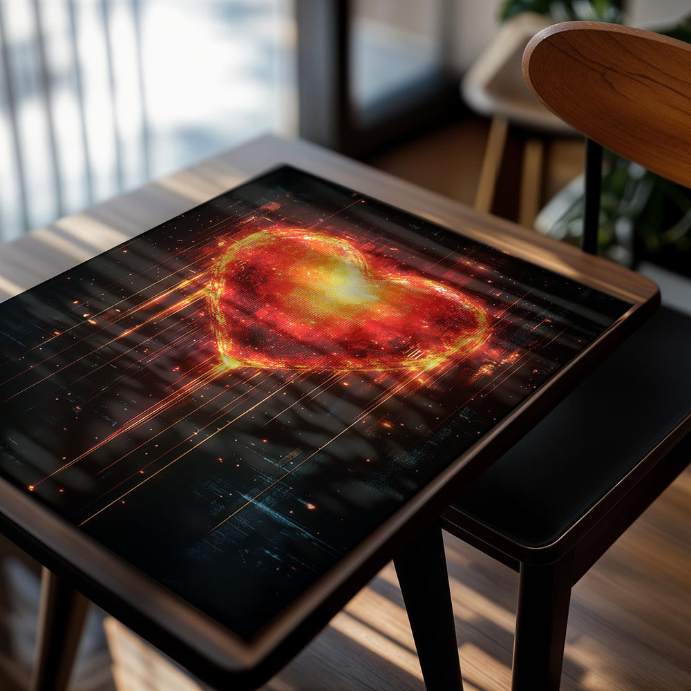 Heart-shaped fiery design on a dark background, as a premium aluminum metal print from GoMetalPrint.
