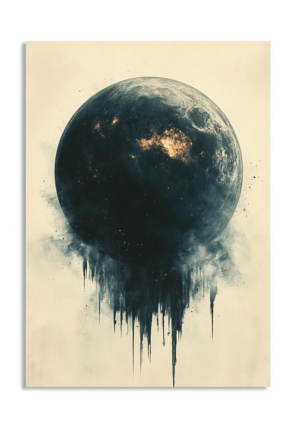 Artistic depiction of a moon with abstract elements on a beige background, as a premium aluminum metal print from GoMetalPrint.
