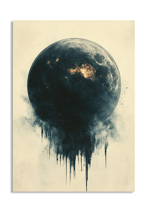 Artistic depiction of a moon with abstract elements on a beige background, as a premium aluminum metal print from GoMetalPrint.
