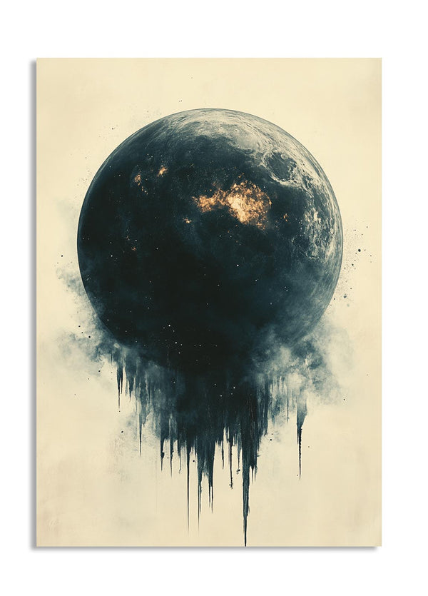 Artistic depiction of a moon with abstract elements on a beige background, as a premium aluminum metal print from GoMetalPrint.
