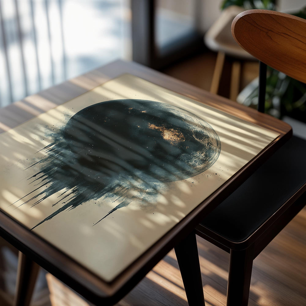 Artistic depiction of a moon with abstract elements on a beige background, as a premium aluminum metal print from GoMetalPrint.
