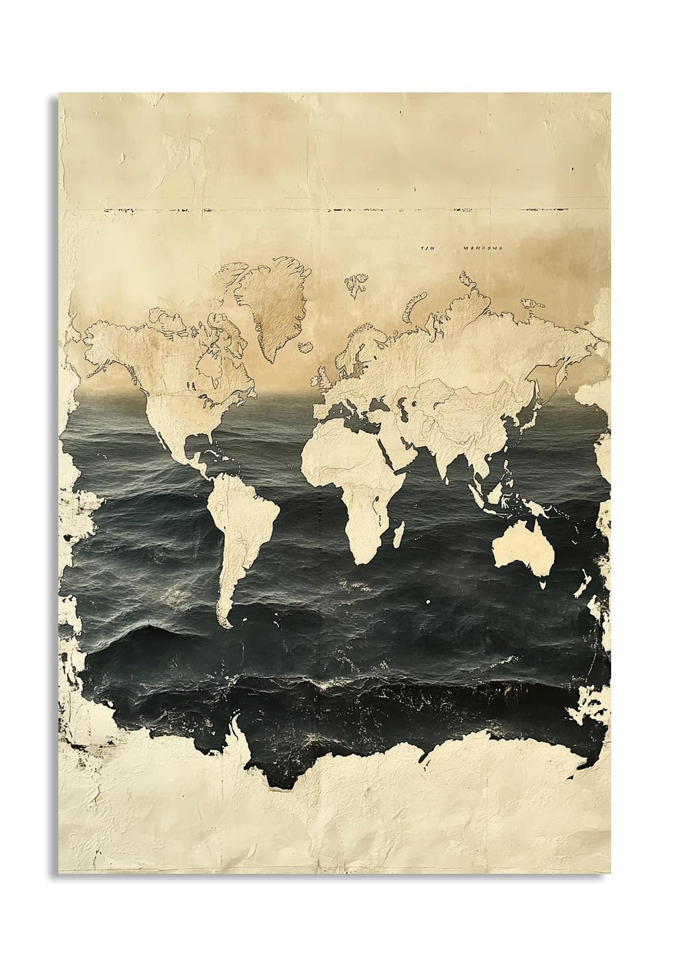 World map on a textured beige background, as a premium aluminum metal print from GoMetalPrint.
