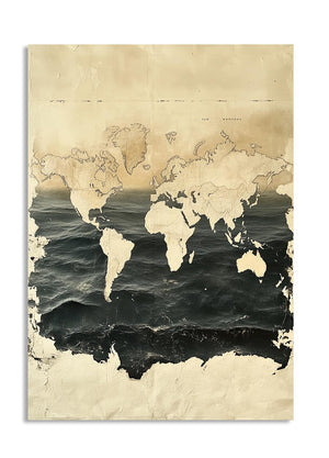 World map on a textured beige background, as a premium aluminum metal print from GoMetalPrint.
