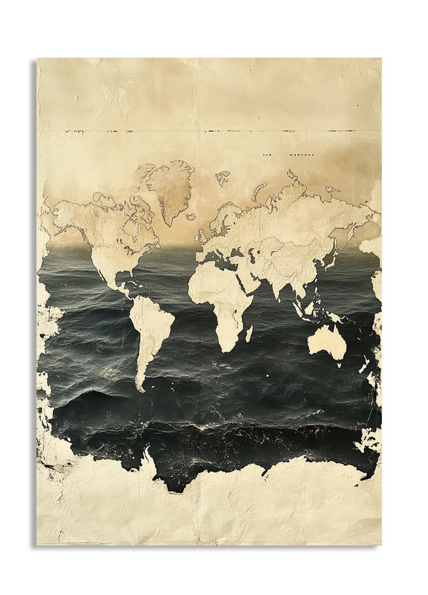 World map on a textured beige background, as a premium aluminum metal print from GoMetalPrint.
