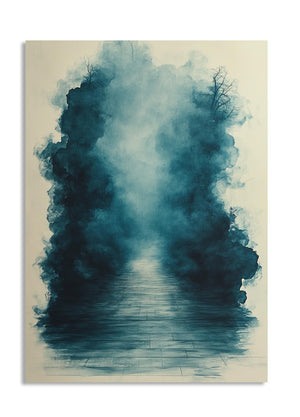 Artistic depiction of a path leading through a tunnel of blue smoke or fog on a beige background, as a premium aluminum metal print from GoMetalPrint.
