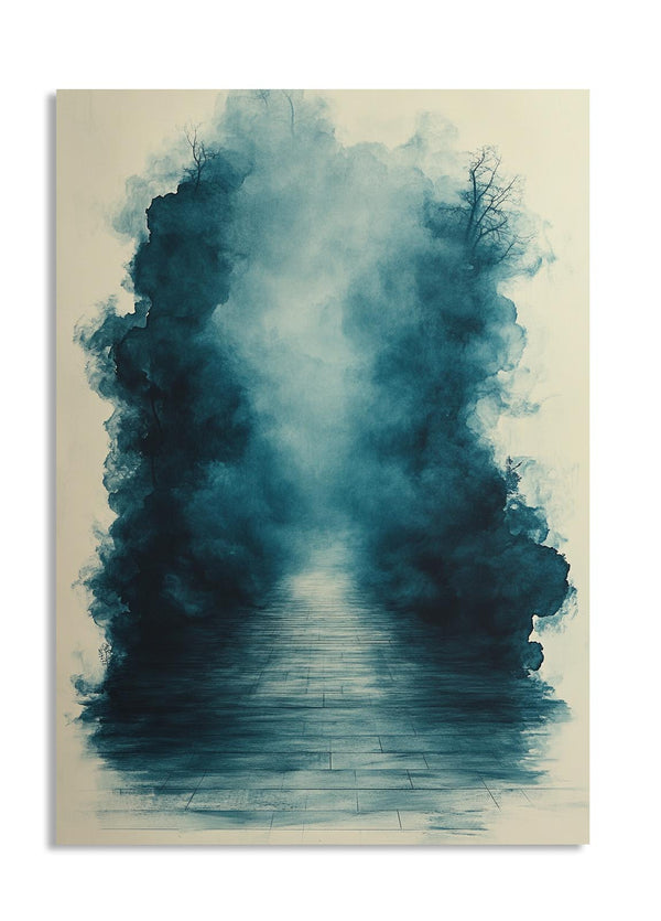 Artistic depiction of a path leading through a tunnel of blue smoke or fog on a beige background, as a premium aluminum metal print from GoMetalPrint.
