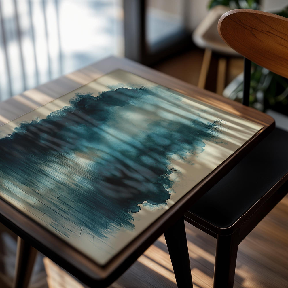 Artistic depiction of a path leading through a tunnel of blue smoke or fog on a beige background, as a premium aluminum metal print from GoMetalPrint.
