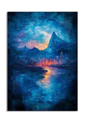 Artistic depiction of a cityscape at sunset with mountains in the background, as a premium aluminum metal print from GoMetalPrint.
