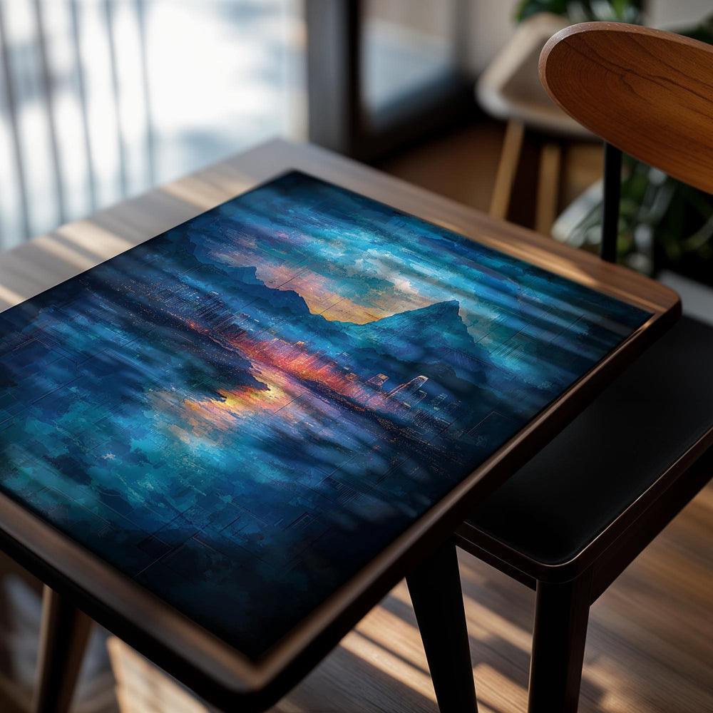 Artistic depiction of a cityscape at sunset with mountains in the background, as a premium aluminum metal print from GoMetalPrint.
