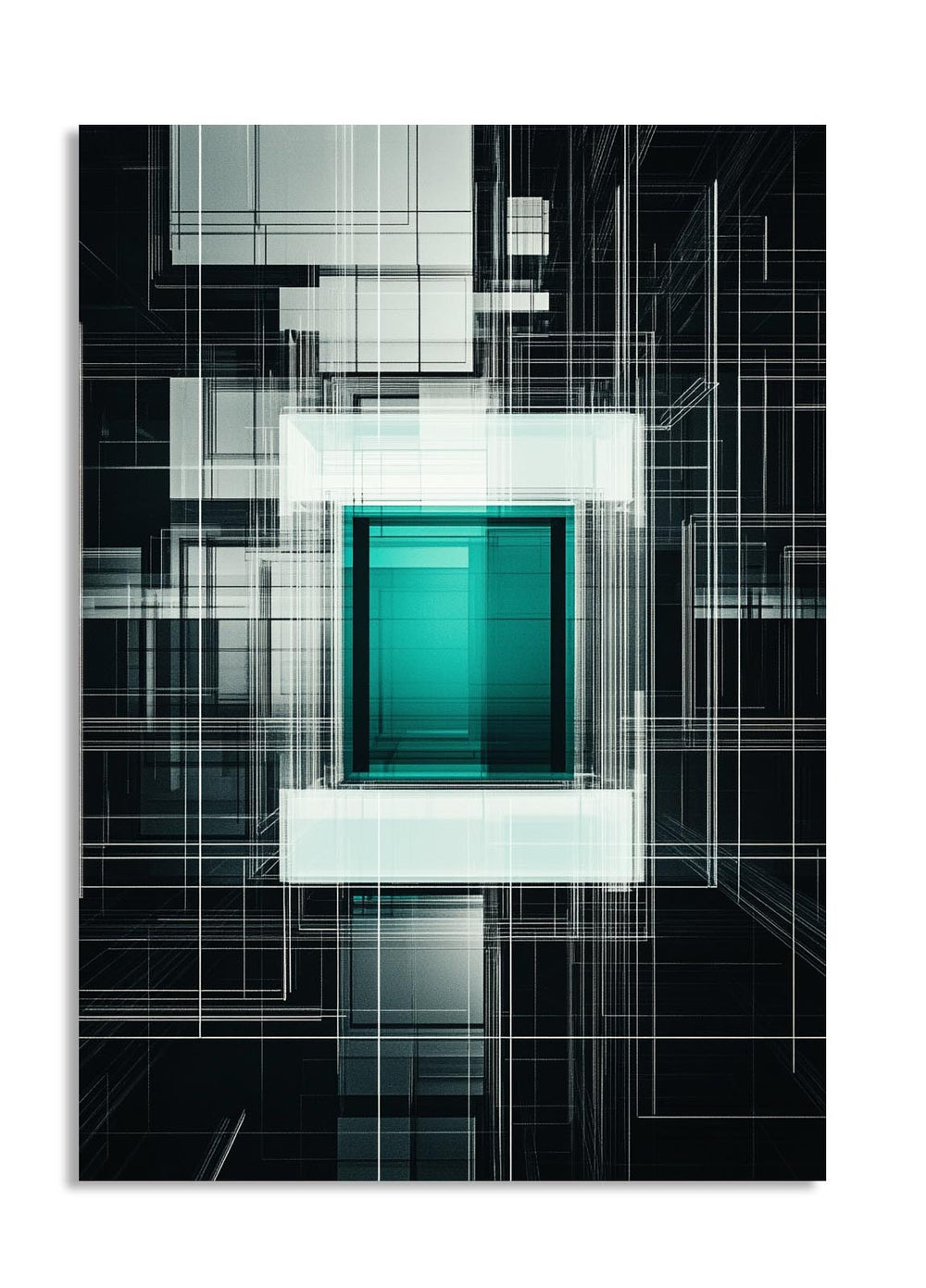 Abstract art piece with geometric shapes and a prominent green square, as a premium aluminum metal print from GoMetalPrint.
