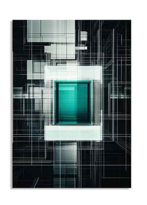 Abstract art piece with geometric shapes and a prominent green square, as a premium aluminum metal print from GoMetalPrint.
