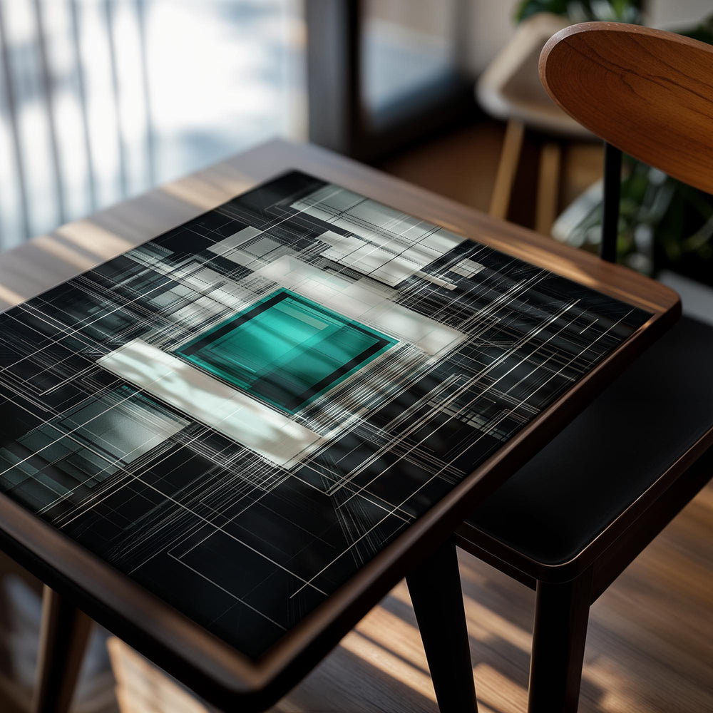 Abstract art piece with geometric shapes and a prominent green square, as a premium aluminum metal print from GoMetalPrint.
