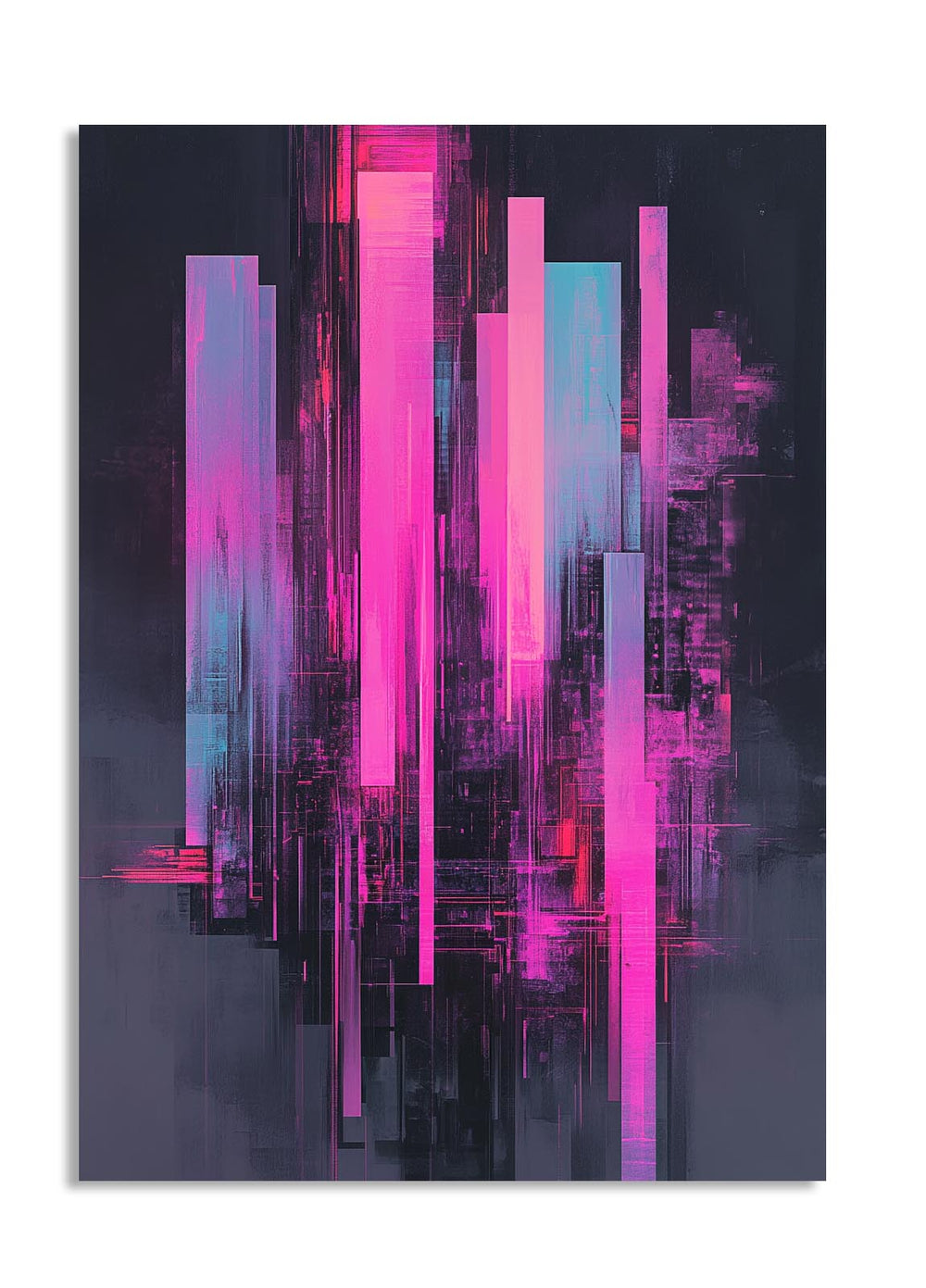Abstract art print with pink and blue vertical lines on a dark background, as a premium aluminum metal print from GoMetalPrint.
