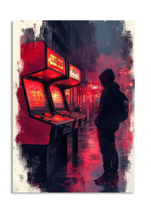 Person standing in front of vintage arcade machines with a red neon glow in an urban setting, as a premium aluminum metal print from GoMetalPrint.
