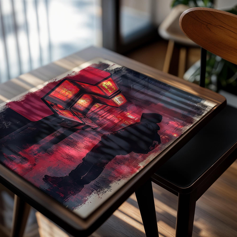 Person standing in front of vintage arcade machines with a red neon glow in an urban setting, as a premium aluminum metal print from GoMetalPrint.
