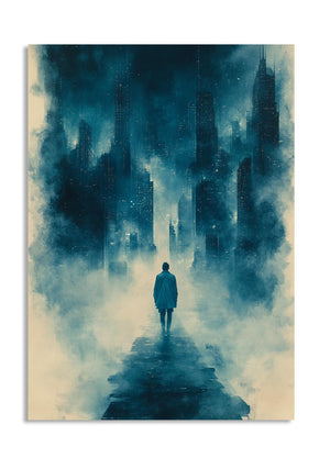 Man walking towards a futuristic cityscape with dark blue and black tones , as a premium aluminum metal print from GoMetalPrint.

