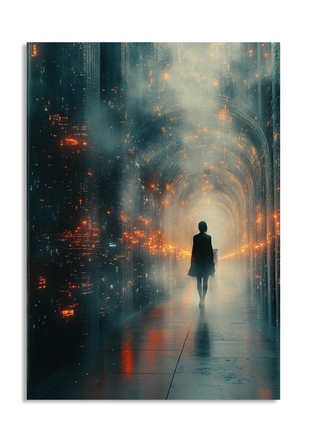 Person walking down a futuristic city street with neon lights, as a premium aluminum metal print from GoMetalPrint.
