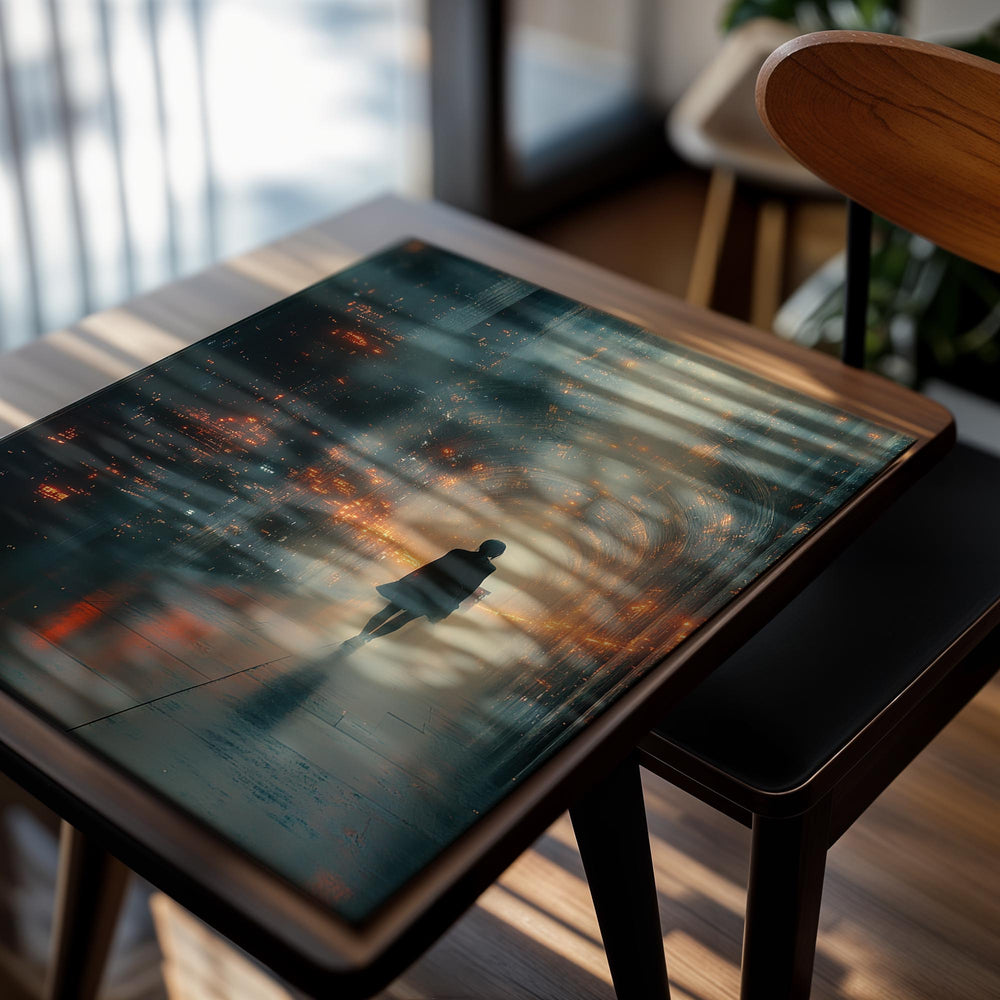 Person walking down a futuristic city street with neon lights, as a premium aluminum metal print from GoMetalPrint.
