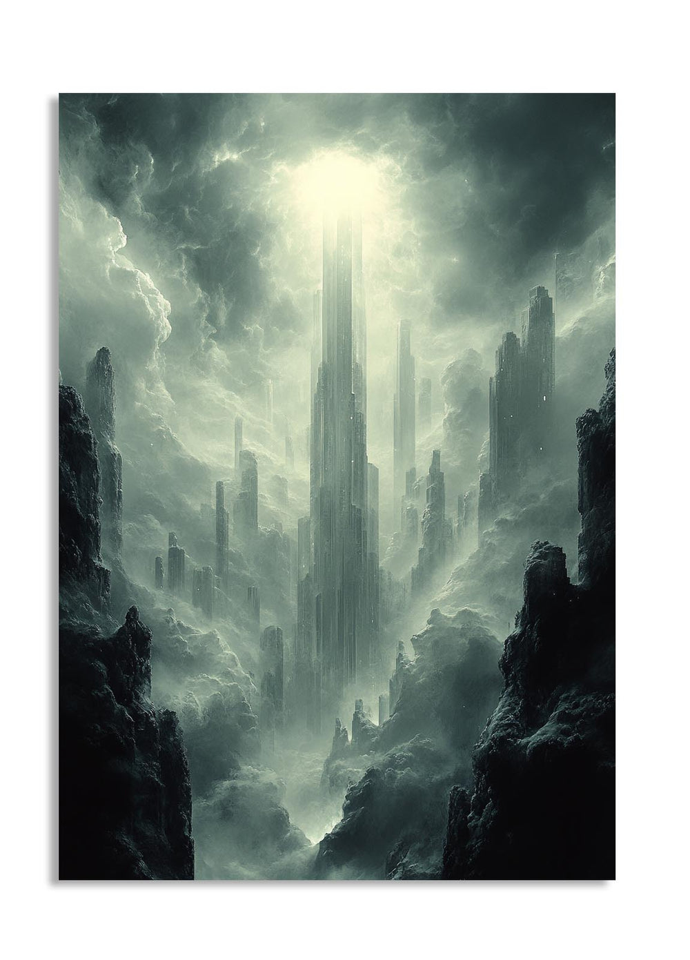 Futuristic cityscape with tall buildings emerging from a stormy skyGeometric Abstract Glow
