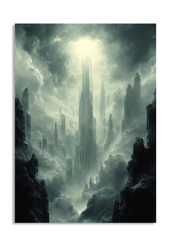 Futuristic cityscape with tall buildings emerging from a stormy skyGeometric Abstract Glow
