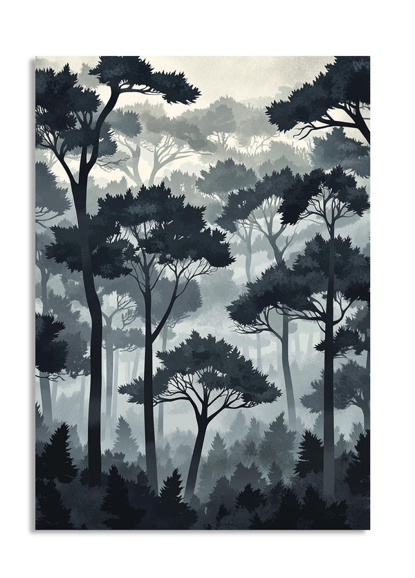 Silhouette of a forest with tall trees against a misty background, as a premium aluminum metal print from GoMetalPrint.
