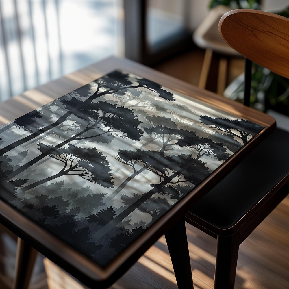 Silhouette of a forest with tall trees against a misty background, as a premium aluminum metal print from GoMetalPrint.
