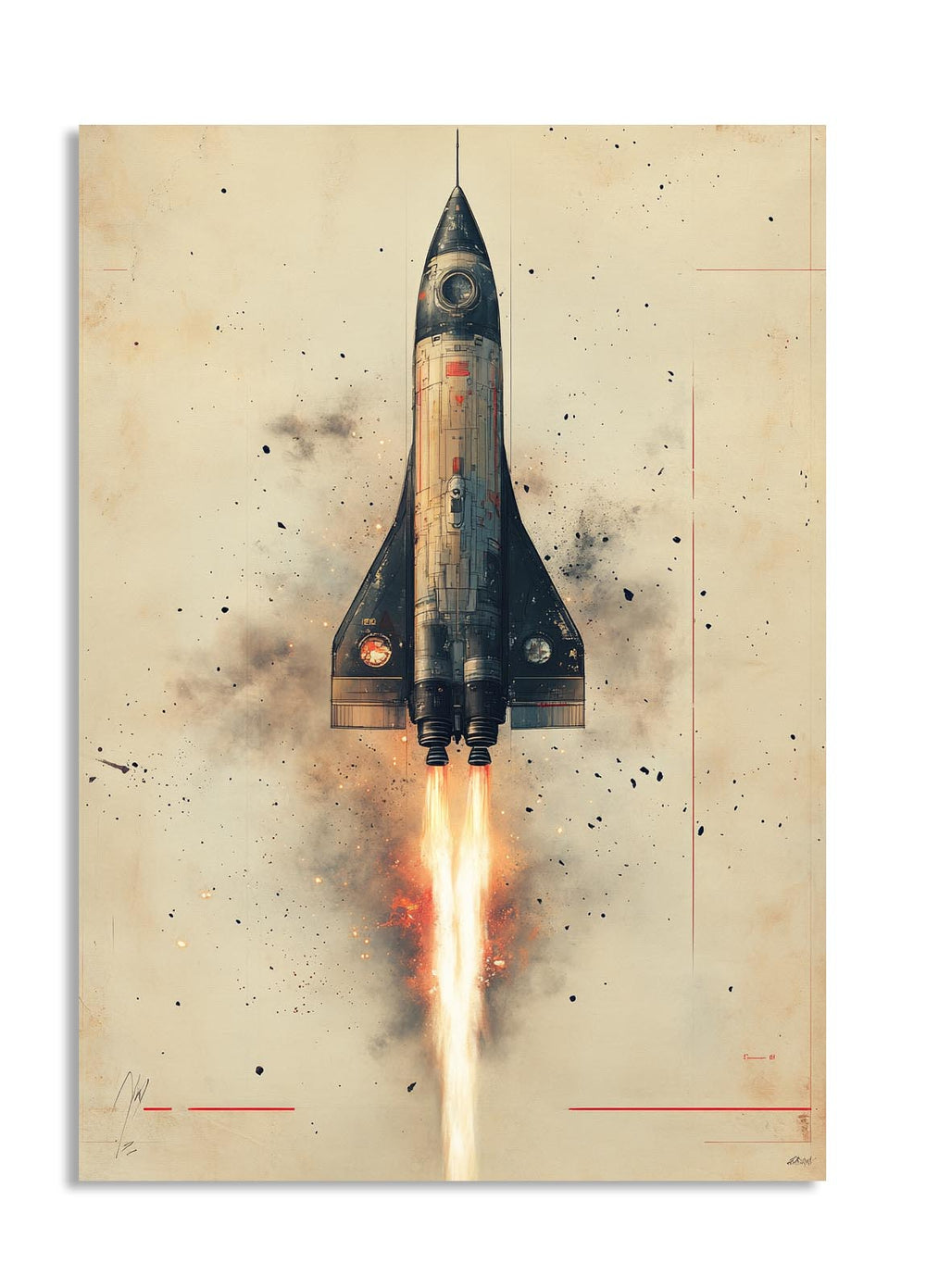 Vintage-style illustration of a rocket launching against a beige background with space-themed elements, as a premium aluminum metal print from GoMetalPrint.

