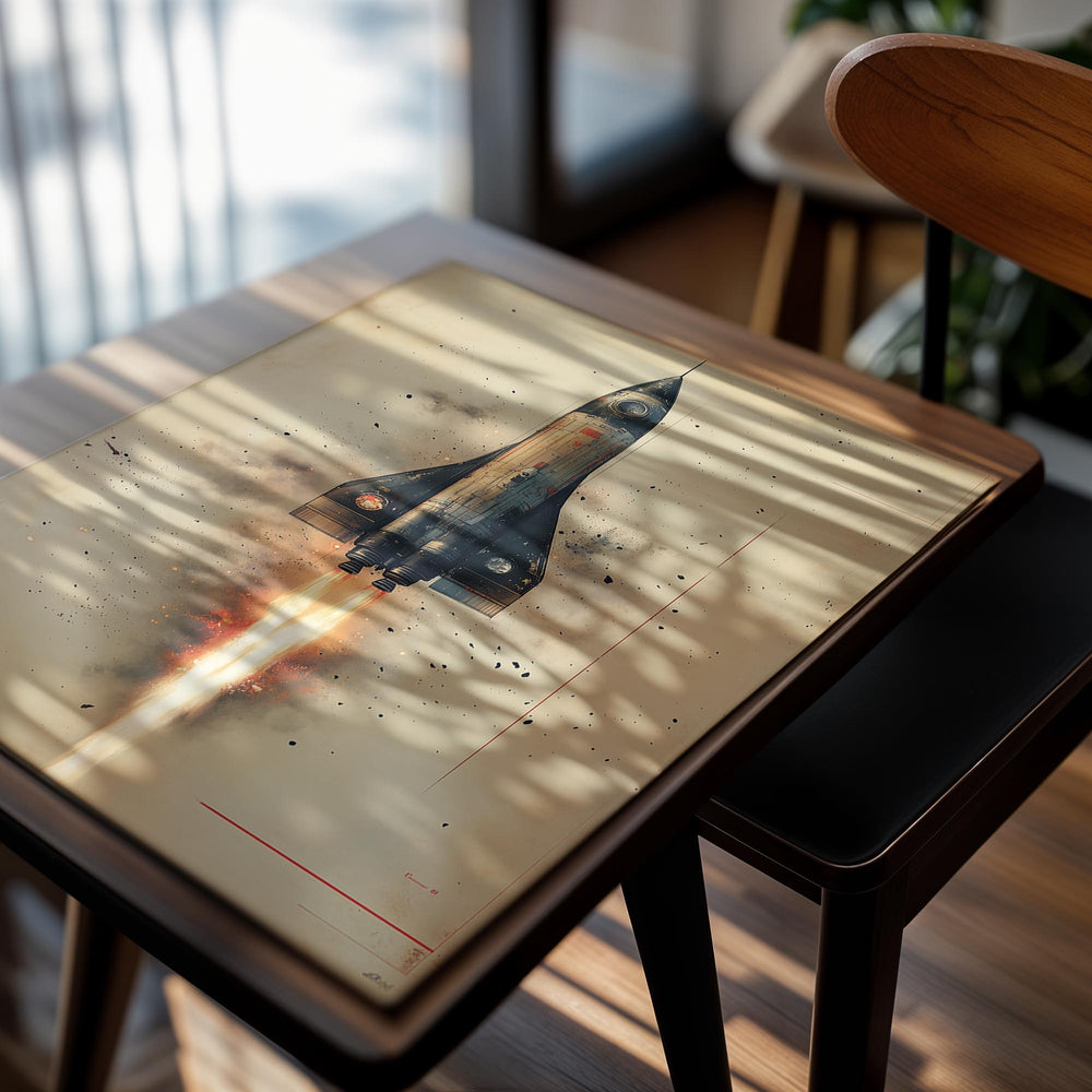 Vintage-style illustration of a rocket launching against a beige background with space-themed elements, as a premium aluminum metal print from GoMetalPrint.
