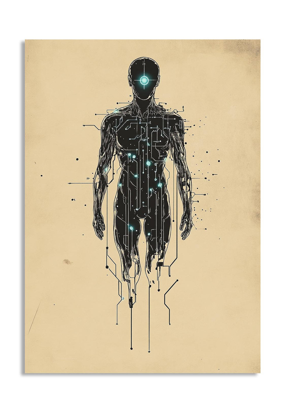 Artistic depiction of a human figure with digital circuitry on a beige background, as a premium aluminum metal print from GoMetalPrint.
