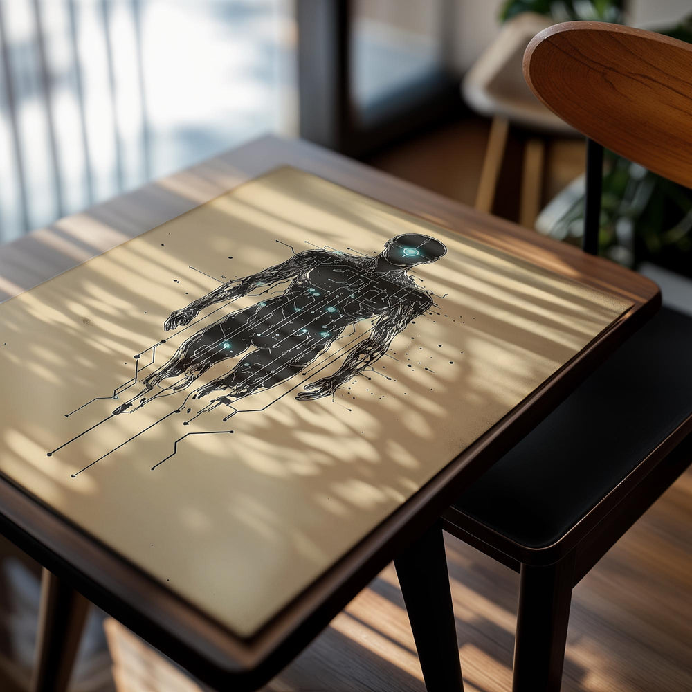 Artistic depiction of a human figure with digital circuitry on a beige background, as a premium aluminum metal print from GoMetalPrint.
