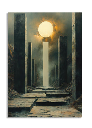 Artistic depiction of a sunlit pathway between stone pillars with a dark, misty background, as a premium aluminum metal print from GoMetalPrint.
