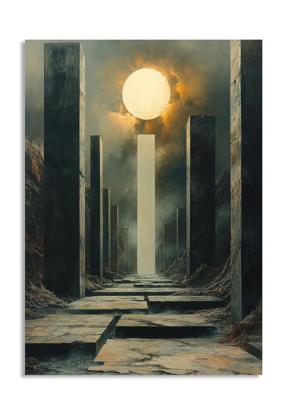 Artistic depiction of a sunlit pathway between stone pillars with a dark, misty background, as a premium aluminum metal print from GoMetalPrint.
