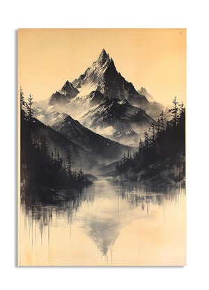 Stylized mountain landscape with trees and a lake on a beige background, as a premium aluminum metal print from GoMetalPrint.
