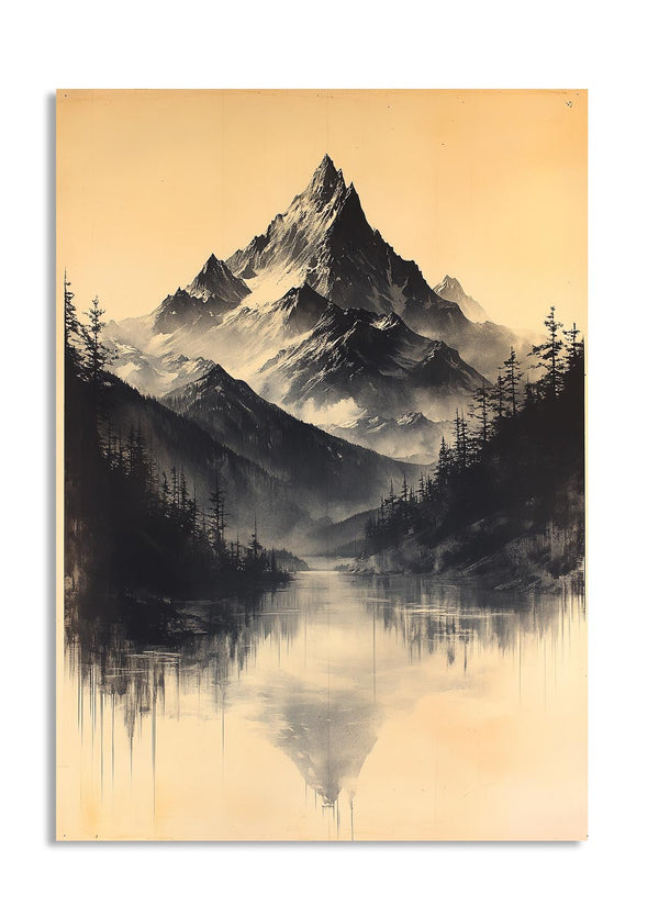 Stylized mountain landscape with trees and a lake on a beige background, as a premium aluminum metal print from GoMetalPrint.
