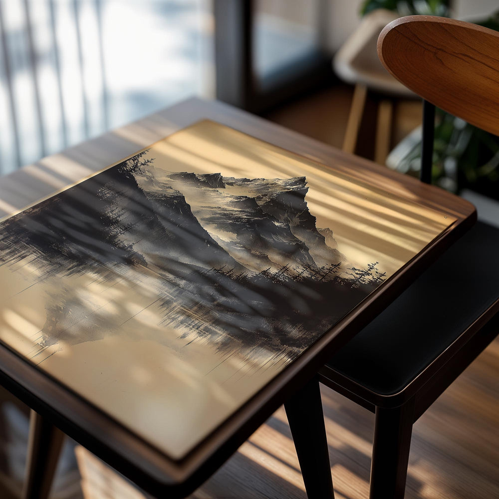 Stylized mountain landscape with trees and a lake on a beige background, as a premium aluminum metal print from GoMetalPrint.
