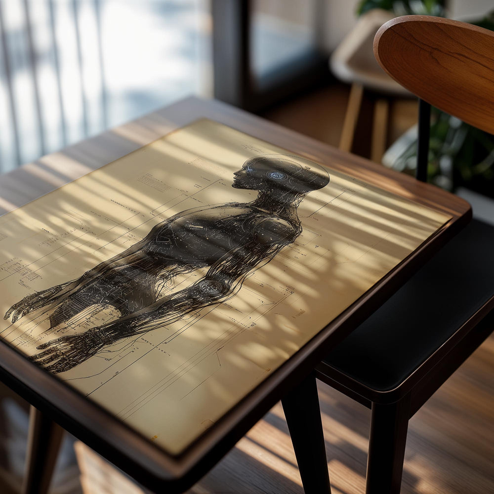 Artificial intelligence-themed design on a vintage blueprint background, as a premium aluminum metal print from GoMetalPrint.
