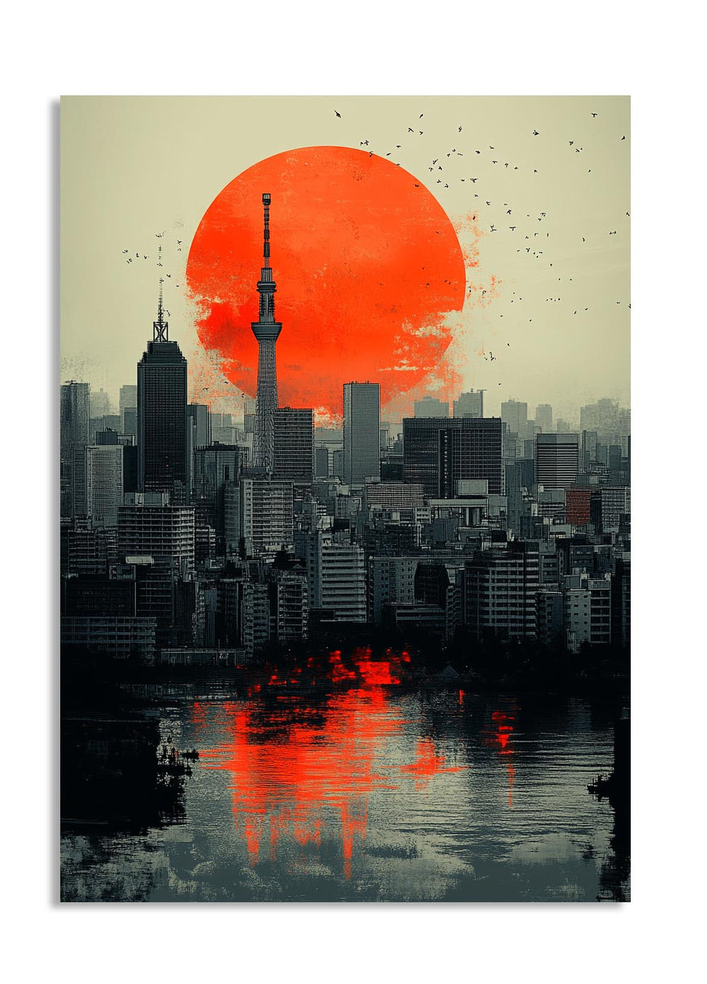 Cityscape with a large red sun setting over the skyline, as a premium aluminum metal print from GoMetalPrint.
