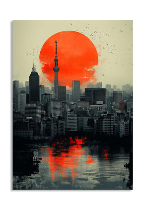 Cityscape with a large red sun setting over the skyline, as a premium aluminum metal print from GoMetalPrint.
