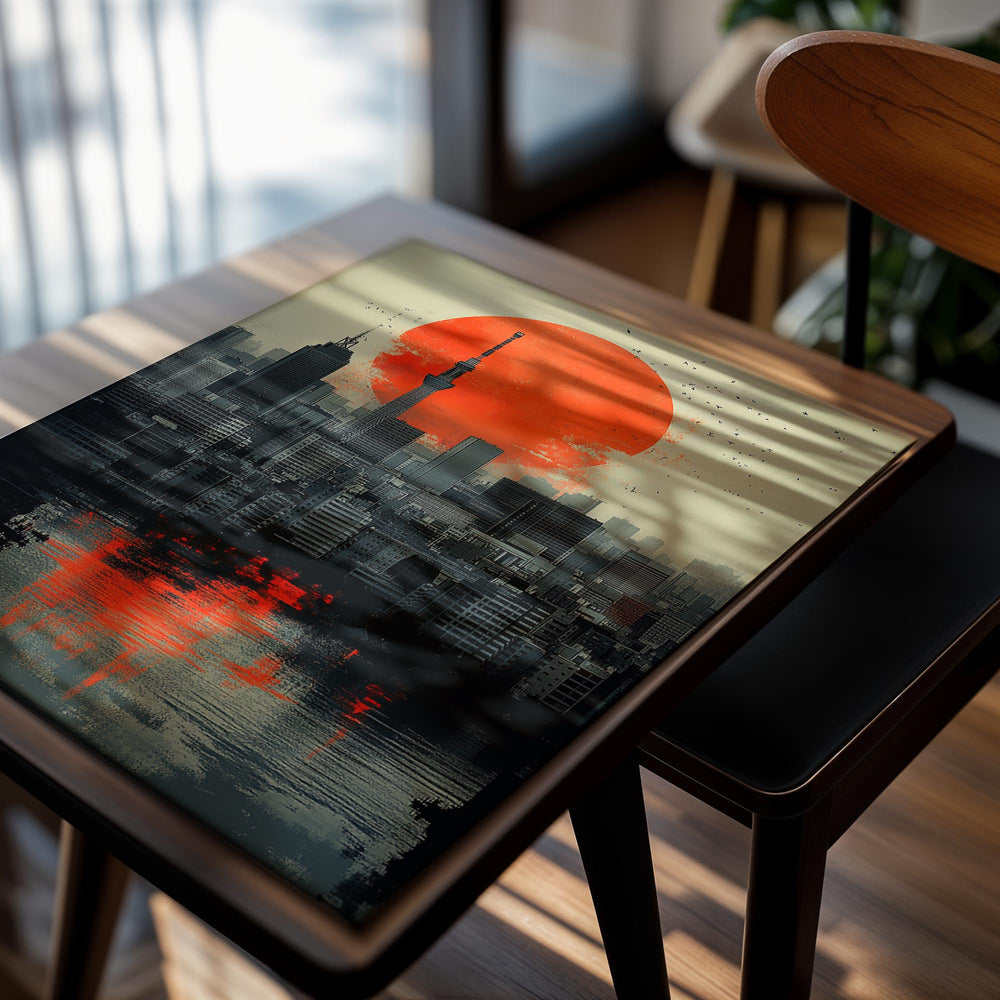 Cityscape with a large red sun setting over the skyline, as a premium aluminum metal print from GoMetalPrint.
